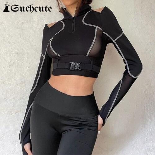 SUCHCUTE Hollow Out Patchwork Punk T-shirts Women Skinny Black Streetwear Sexy Crop Tops With Buckle Gothic Clothes Harajuku Tee