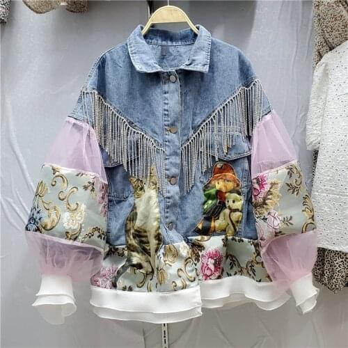 Autumn Fashion Net Yarn Lantern Sleeve Splicing Print Denim Jacket Coat Women Tassel Outerwear Korean Loose Jeans Jackets Female