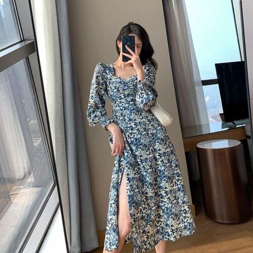 Women Summer Chiffon Cut Out Dress Korean Elegant Office Lady Square Collar Sexy Long Sleeve A Line Floral Vestidos High Quality