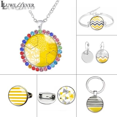 New 586 Geometric Yellow Glass Necklace Bracelet 25mm Double Sided Round Glass Cabochon Jewelry For Unisex Charm Pendant