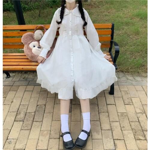 Sweet Womens Lolita OP Dress Loose Dress Ruffles Trim Cute Fresh One Piece Fall Elegant Dress Color White