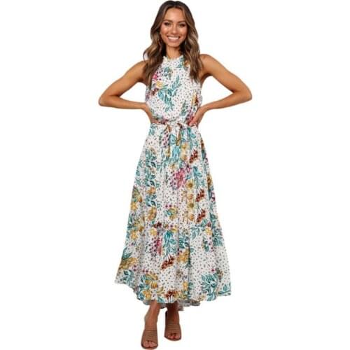 Fashion Women Sexy Dress Sleeveless Floral Print High Waist Belt Large Hem Long Halter Summer Dress robe femme топик женский