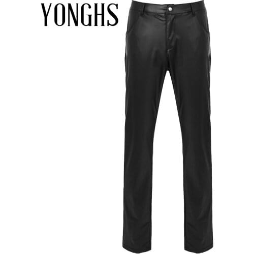 Mens Fashion Faux Leather Long Pants Motorcycle Mid Waist Trousers with Pockets Patchwork Leggings for Bar Club Dance Show