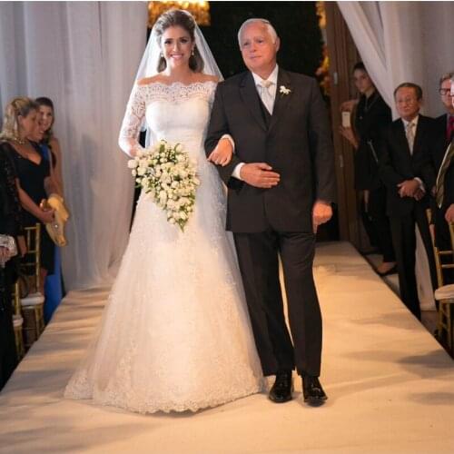 A line 2016 New Arrival Bateau Appliques Zipper Back Wedding Gown vestido de noiva com renda Cheap Long Sleeve Wedding Dresses