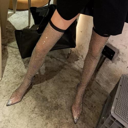 2021 New Women Shoes Long Sandals High Heel Over The Knee Diamond Mesh High Heels Shoes Thin Heel Back Zipper Rubber Shoes