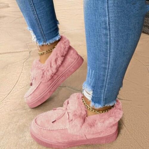 2021 New Women Winter Cotton Shoes Ladies Bowknot Plush Warm Snow Boots Casual Solid Color Flat Short Boots Furry Zapatos Mujer