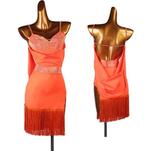 New Female Latin Dance Clothing Sling Elegant Rhinestone Costumes Rumba Fringe Clothing Samba Tango Competition Dresses DQL5209