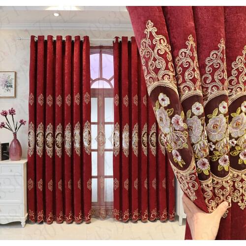 New European Style Embroidered Curtains, Red Chinese Curtains Custom Chenille Curtains Curtains for Living Dining Room Bedroom