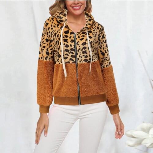 Autumn Fleece Jackets Leopard Print Stitching Color Matching Ladies Short Coat New Casual All-match Zipper Hooded Plush Jacket