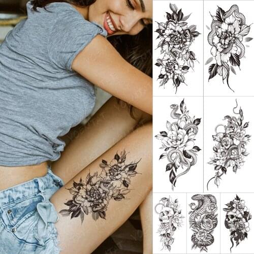 Waterproof Temporary tatooo Stickers Peony Blooming Leaf Snake Line Painted Waist Transfer tattoos Man Body Art Fake tatoo Women