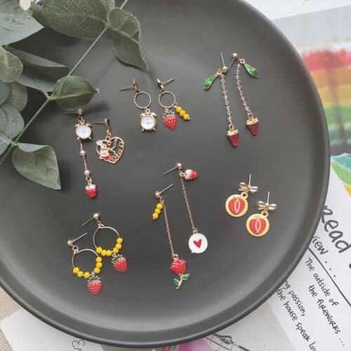 2021 New Summer Strawberry Earrings Cute Girl Jewelry Sweet Personality Clock Rose Rabbit Prevent Allergy Ear Stud