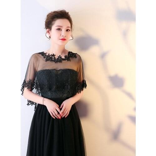 Grey Bolero Women Black Applique Tulle Evening Prom Dress Cape O-Neck Elegant Formal Sheer Cape Bridal Wedding Cosplay Shawl Red