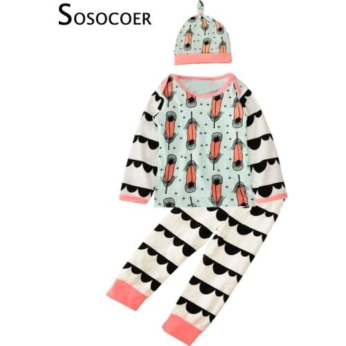 SOSOCOER Baby Clothing Set 3pcs Feather Tops T-shirt+Pants+Hats Caps Kids Clothes Outfits Autumn Cross Boy Girl Clothing Sets