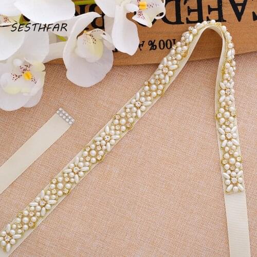 Pearls Wedding Belt Handmade Crystal Bridal Sash Simple Gold Rhinestones Bridal Belt Sash For Wedding DressesJ133G