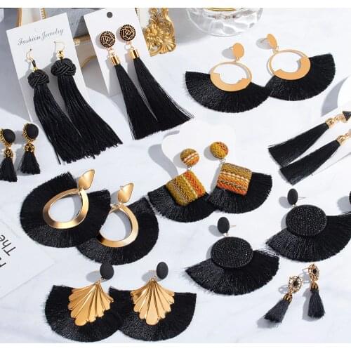 New Fashion Bohemian Big Tassel Drop Earrings 2020 For Women Cotton Silk Fabric Blakc Wedding Dangle Earrings Female Jewelry