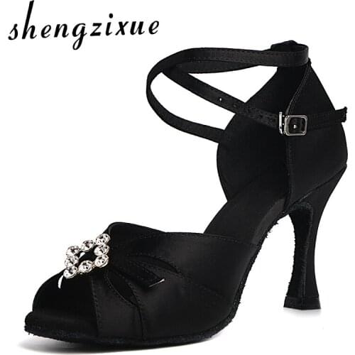 WUXIJIAO newwomens latin dance shoes big rhinestones black satin ballroom dancing shoes heel 8.5cm soft outsole