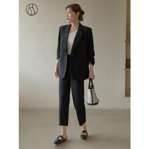 DUSHU Office Lady Loose Womens One-Button Slim Black Retro Blazer Fall 2021 New Design Sense Nine-point Sleeve Women Suit