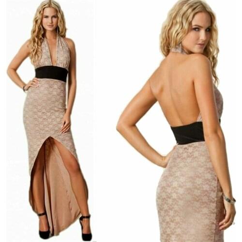 Summer Elegant Style Women Back Long Front Short Split Sexy Deep-V Neck Maxi Dress Low Cut Bare Back Dress Maxi Party