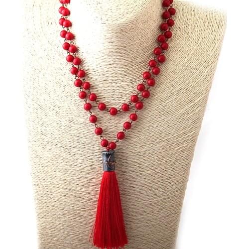 Free Shipping Fashion 8mm Red Rosary Chain Bird Cap Long Tassel Women Necklace