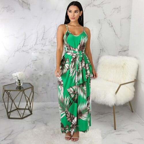 Leaves Printed Spaghetti Strap Bohemian Holiday Dress Summer Dresses for Women Low Neck Backless Vacation Loose Beach Vestidos