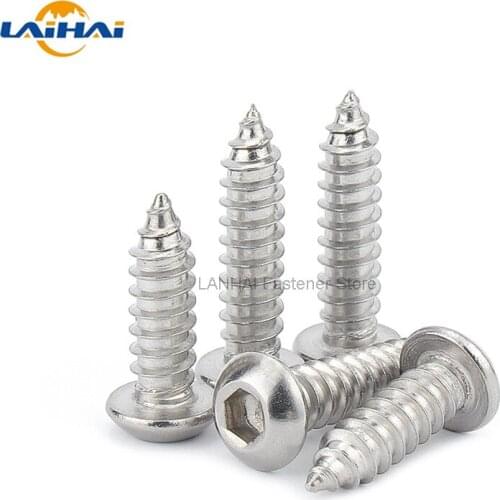 10/50pcs M3 M4 M5 M6 A2-70 304 Stainless Steel Allen Hexagon Hex Socket Button Round Head Self Tapping Wood Screw Length=6-50mm