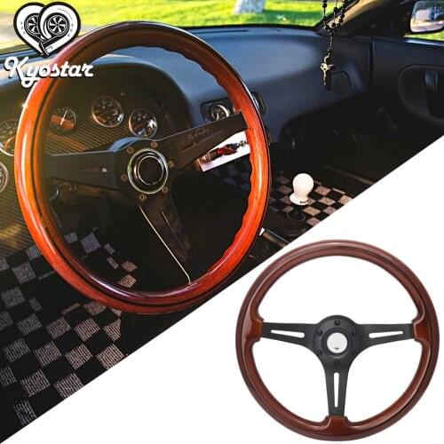 14" Racing Car Steering Wheel With Aluminum Spoke 350mm Brown Wood Grain Universal Steering Wheel Black