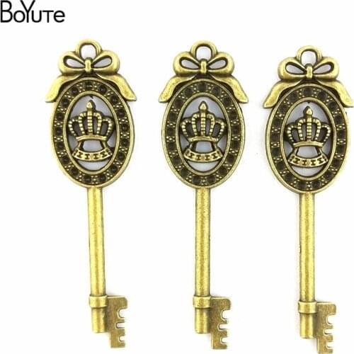 BoYuTe (30 Pieces/Lot) 58*17MM Vintage Diy Accessories Part Material Antique Bronze Silver Crown Key Pendants for Jewelry Making