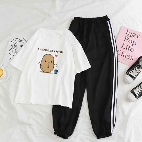 Summer Sets for Women 2021 Pajama Sets Cute Kawaii Printed Potatoes Letter Sleepwear Set Short Sleeve Trouser Pants Women