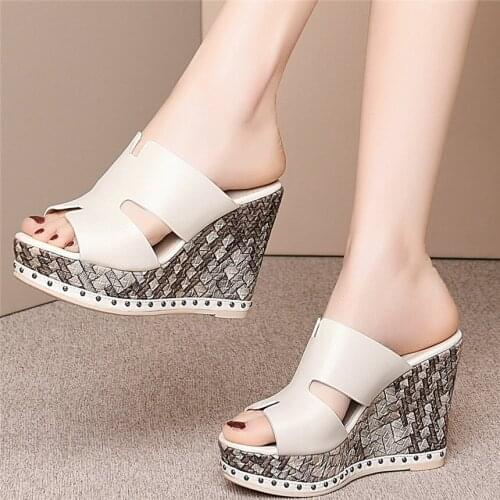 Women Genuine Leather Platform Wedges High Heel Gladiator Roman Sandals Female Open Toe Summer Pumps Shoes Rivets Casual Shoes