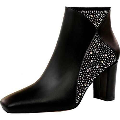 Shiny Crystal Soft Leather Women Boots 2021 New Square Toe Woman Sexy Party Ankle Boots Thick High Heels Ladies Work Boots Black