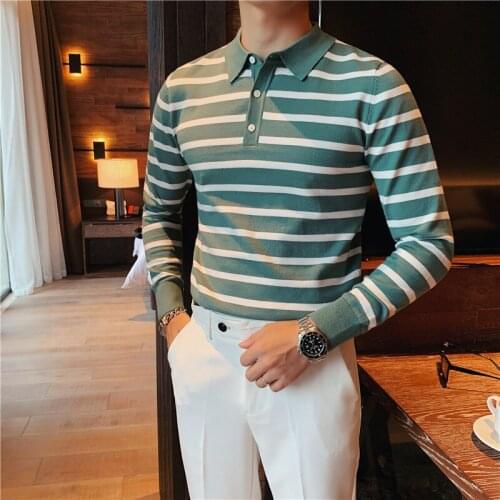 British Style Autumn Winter Turn Down Collar Striped Sweater Men Clothing 2020 All Match Long Sleeve Knitted Pullovers Casual