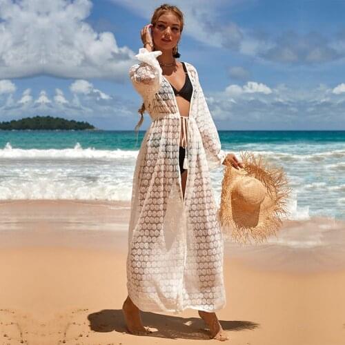 Bikini Cover-ups White Lace Tunic Sexy See Through Belted Summer Beach Dress Plus Size Women Beach Wear Swim Suit Cover Up Q1302