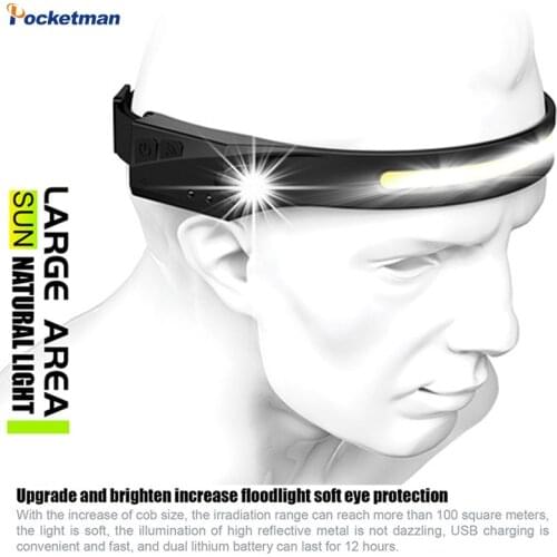 Headlamp COB LED Sensor Headlight with Built-in Battery Flashlight USB Rechargeable Head Lamp Torch 5 Lighting Modes Work Light