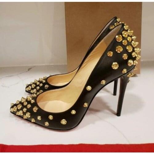 Sexy Gold Full Spikes High Heel Shoes Black White Stiletto Heels Patent Leather Shallow Dress Rivets Pumps Pointed Toe 12cm