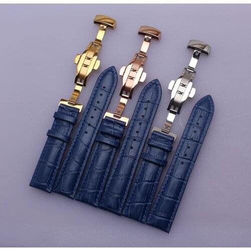 Genuine Leather Bracelet Blue Color Watch Straps Butterfly Clasp Watchbands 14 16 18 20 22mm watch band FOR Mens lady wrist BAND
