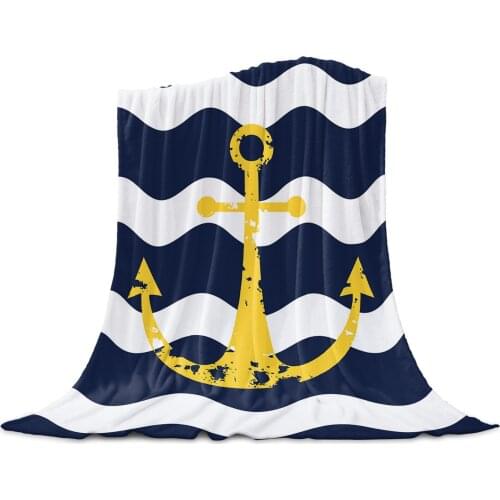 Navy Blue Ripple Yellow Anchor Throw Blanket for Sofa Christmas Decoration Bedspread Portable Microfiber Flannel Blanket