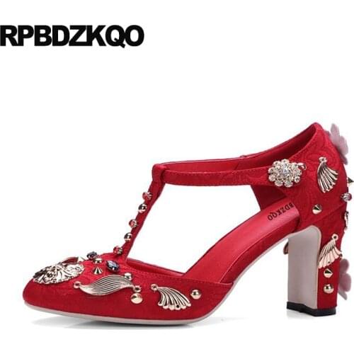 Stud Metal Silk Rhinestone High Heels Pumps Wedding Handmade Ladies Satin Dress Shoes Red T Strap 3 Inch Flower Round Toe Block