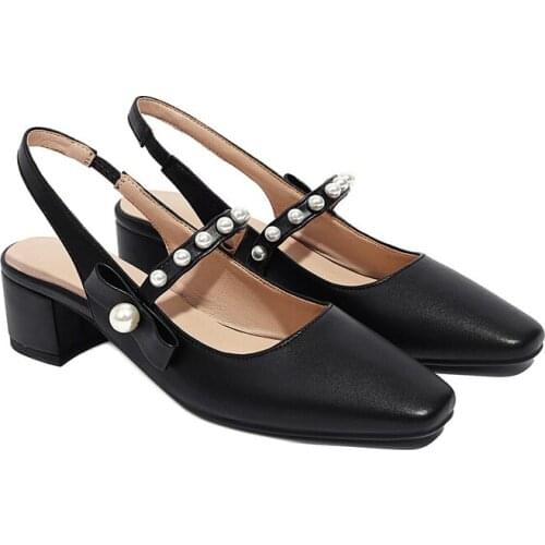 Black Beige Apricot Women Pumps Fashion Buckle Mary Jane Shoes Square High Heel Pearl Shoes Ladies Spring Summer Dress Shoes 43