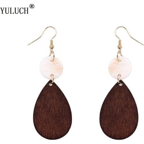 YULUCH New Design Natural Wood Earrings Handmade Drop Shell Accessroies Gold Hook Wood Earrings For Woman Girls Fashion Jewelry