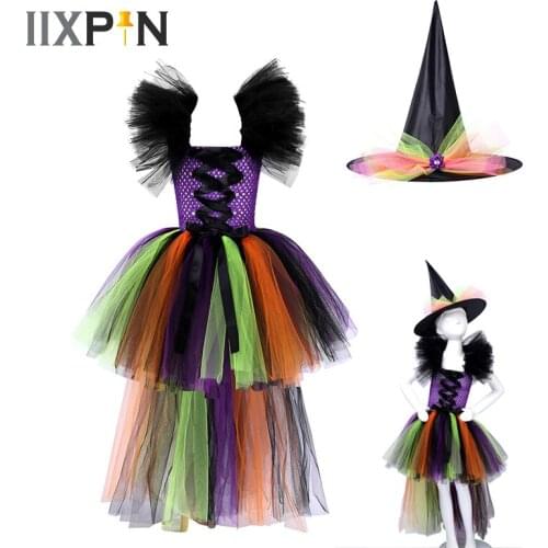 Funny Purple Kids Girls Halloween Wizard Cosplay Dress Halter Neck Sleeveless Tutu Mesh Dresses Skirt for Party Dress UP