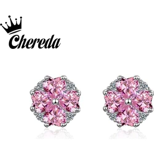 Chereda New Fashion Pink Rhinestones Stud Earrings For Women Classic Charms Round Geometric Earring Lady Girls Jewelry
