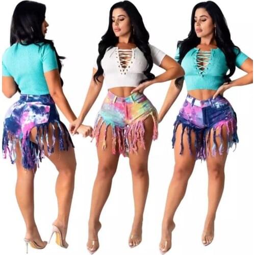 2021 New Style Women Ripped Denim Shorts High Waist Distressed Fringe Short Jeans Tie Dye Summer Hot Shorts