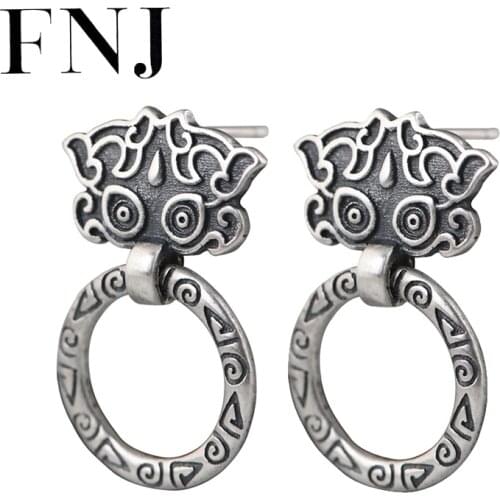 FNJ Lucky Taoti Earrings 925 Silver Original Pure S925 Sterling Silver Stud Earring Women Jewelry Vintage Matte
