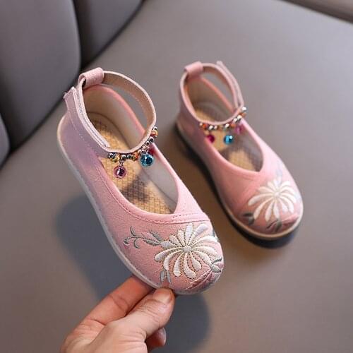 2021 Spring autumn new breathable flower embroidery ethnic female buckle retro shoes children‘s fashion casual shoes size 25-36