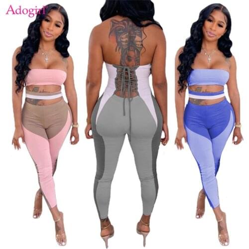 Adogirl Color Patchwork Hollow Out Strapless Jumpsuit Lace Up Backless Women Sexy Skinny Overalls Fashion Casual Romper