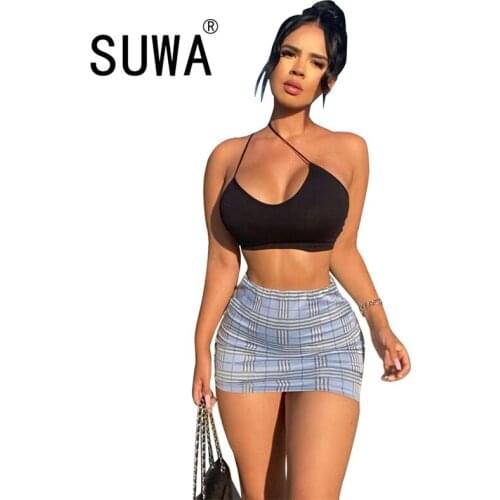 Tie Dye Plaid Sexy Club Party Women Two Piece Sets Summer 2021 Hyuna Retro Style Crop Top Skinny Mini Skirts Trendy Chic Clothes