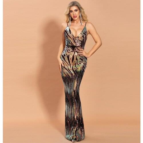 2019 Sexy Summer Spaghetti Strap Deep V-neck Robe Longue Evening Party Backless Bodycon Maxi Paillette Sequin Long Dresses