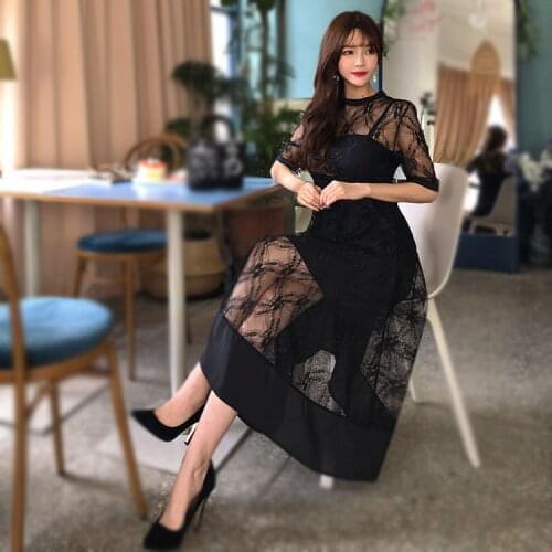 Summer Vintage Hollow-out mesh Women Long Dress Bandage Elegant A-Line Female Dress Half Sleeve Vestidos Black Female Streetwear