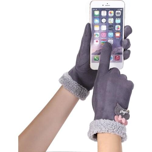 Winter Female Plush Wrist Warm Cashmere Sport Cycling Mittens Women Bear Rhinestone Suede Leather Touch Screen Driving Glove 82B