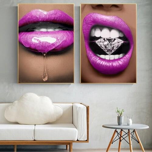 Abstract Modern Minimalist Poster Pink Lips Diamond Casual Simple Fresh Print Canvas Picture For Living Room Bedroom Study Decor